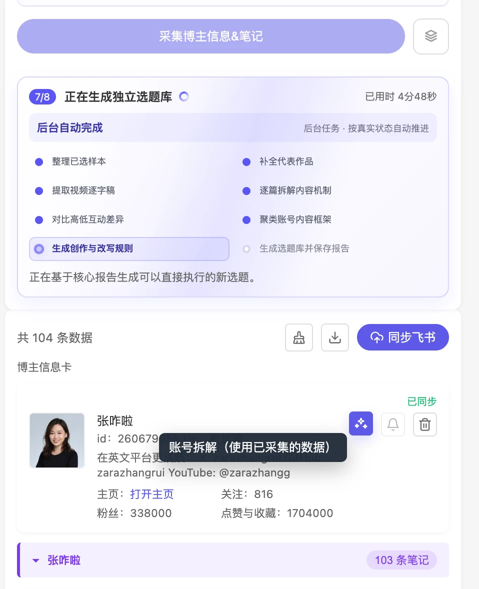 MediaClaw Xiaohongshu account analysis progress panel showing transcript, engagement comparison, clustering, and idea generation steps