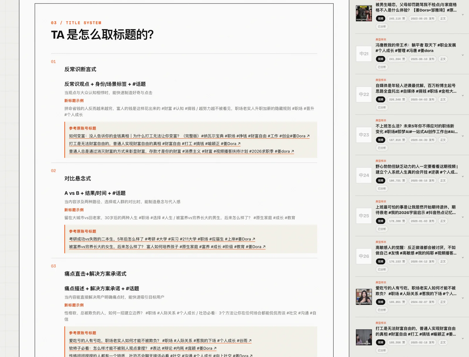 MediaClaw account breakdown report showing headline patterns and representative title samples