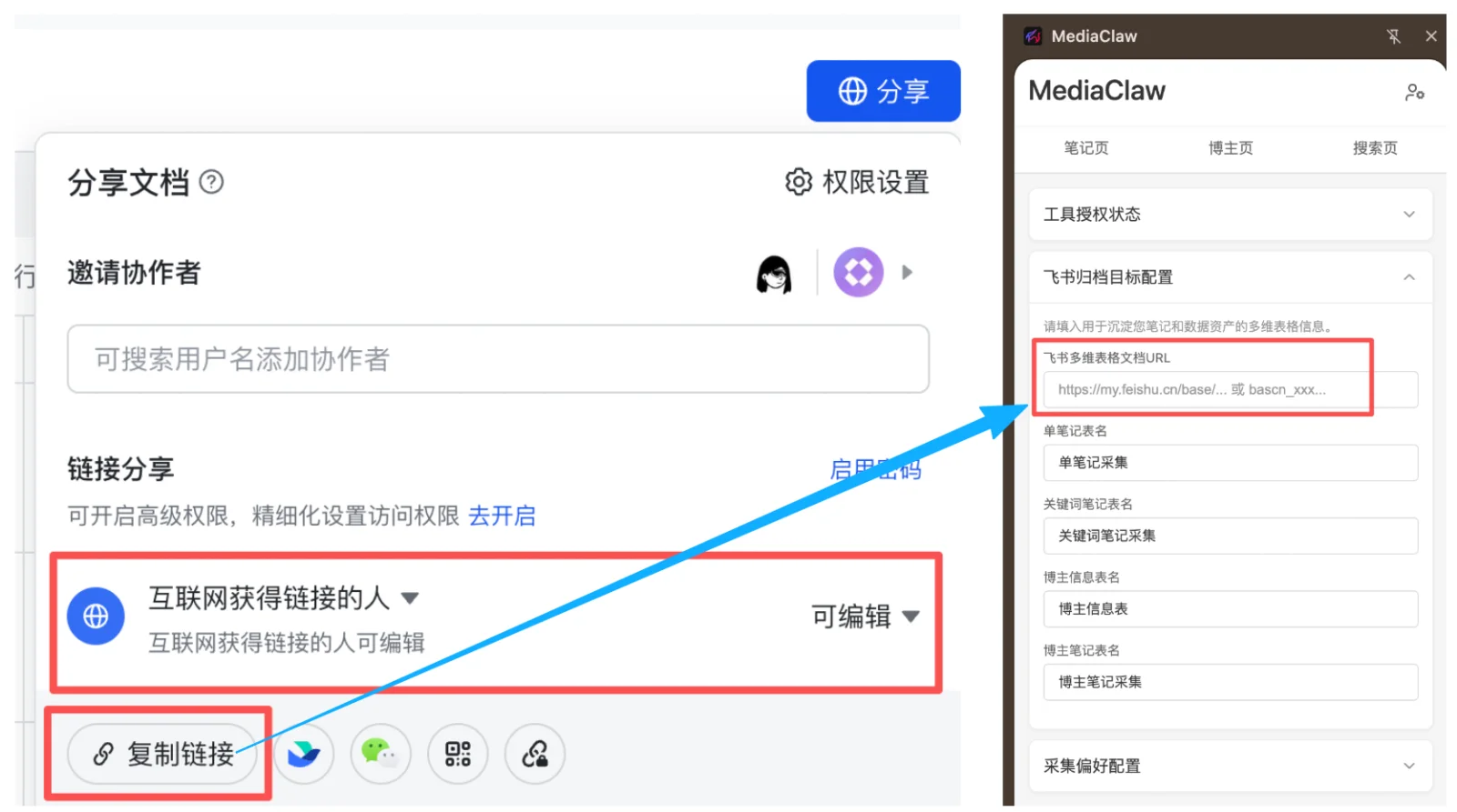 从「分享」复制链接，粘贴到插件的「飞书多维表格文档 URL」
