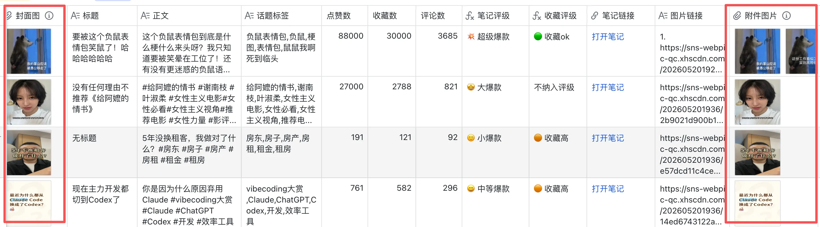 配好链接转附件后，「图片链接」的文本链接自动变成「封面图」「附件图片」里的可预览缩略图