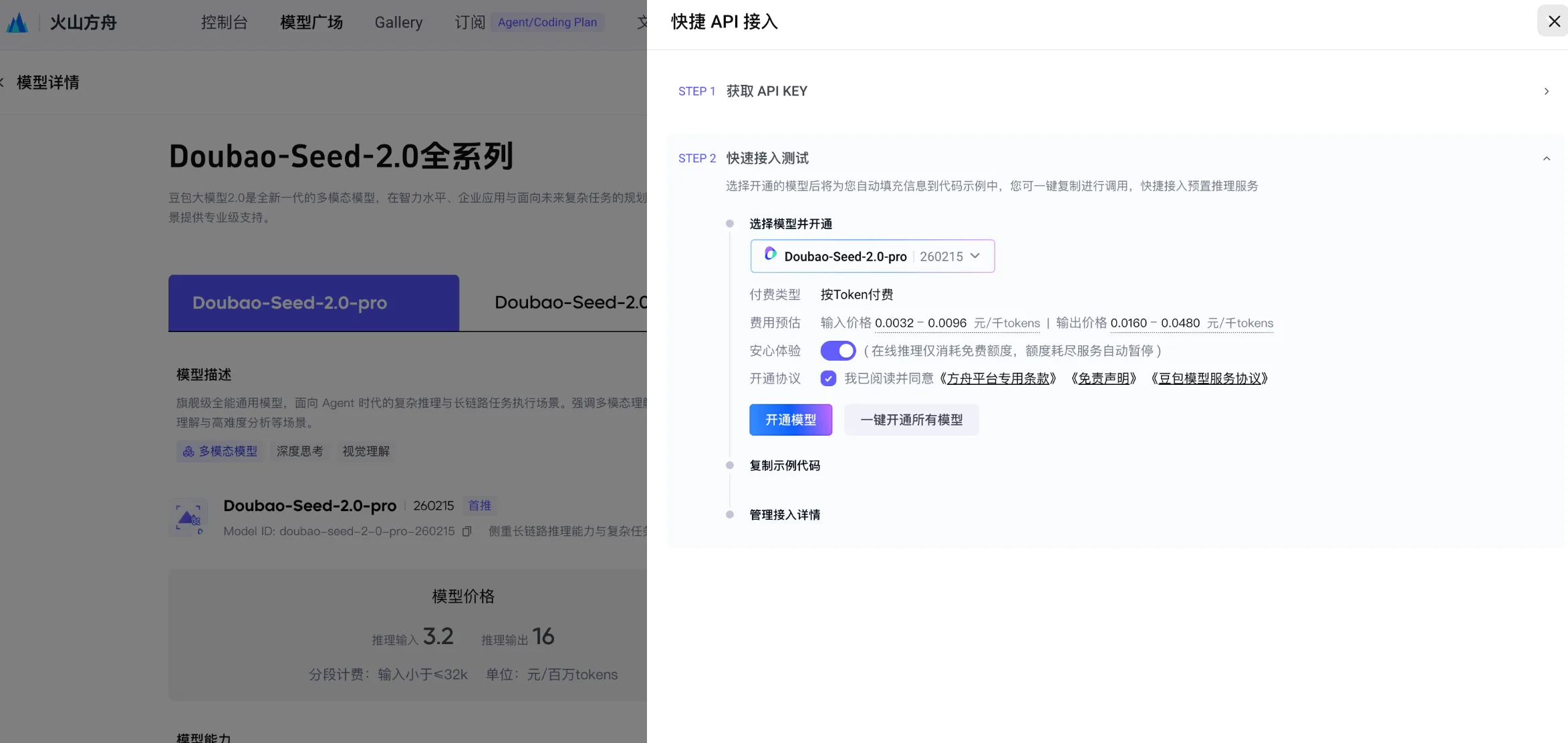 「快捷 API 接入」STEP 2 里选 Doubao-Seed-2.0-pro，点「开通模型」